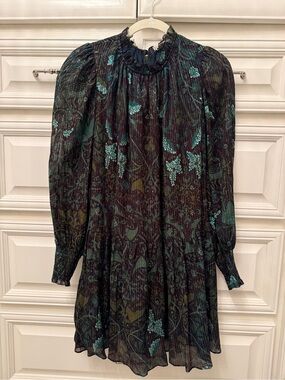 Ulla Johnson Dark Green and Teal Floral Long-Sleeve Mini Dress
